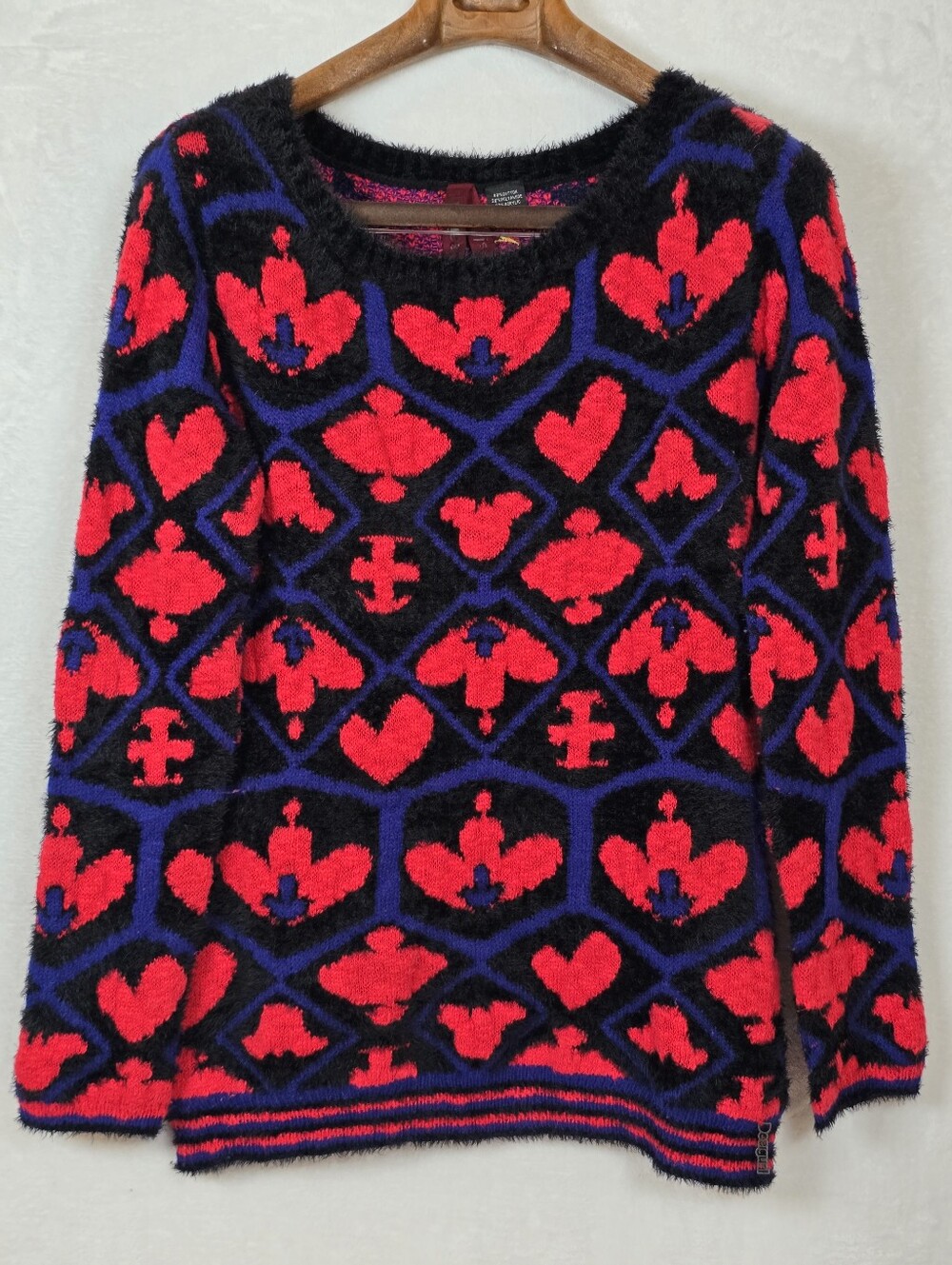 Desigual Art to Wear Card Suits Fuzzy Knit Sweater Sz.Medium